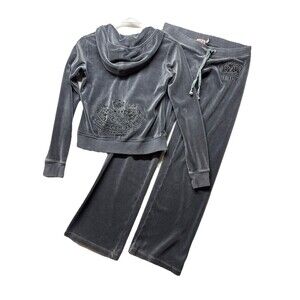 Vintage Y2K Juicy Couture Tracksuit Dark Gray Black Rhinestone Velour Size M USA